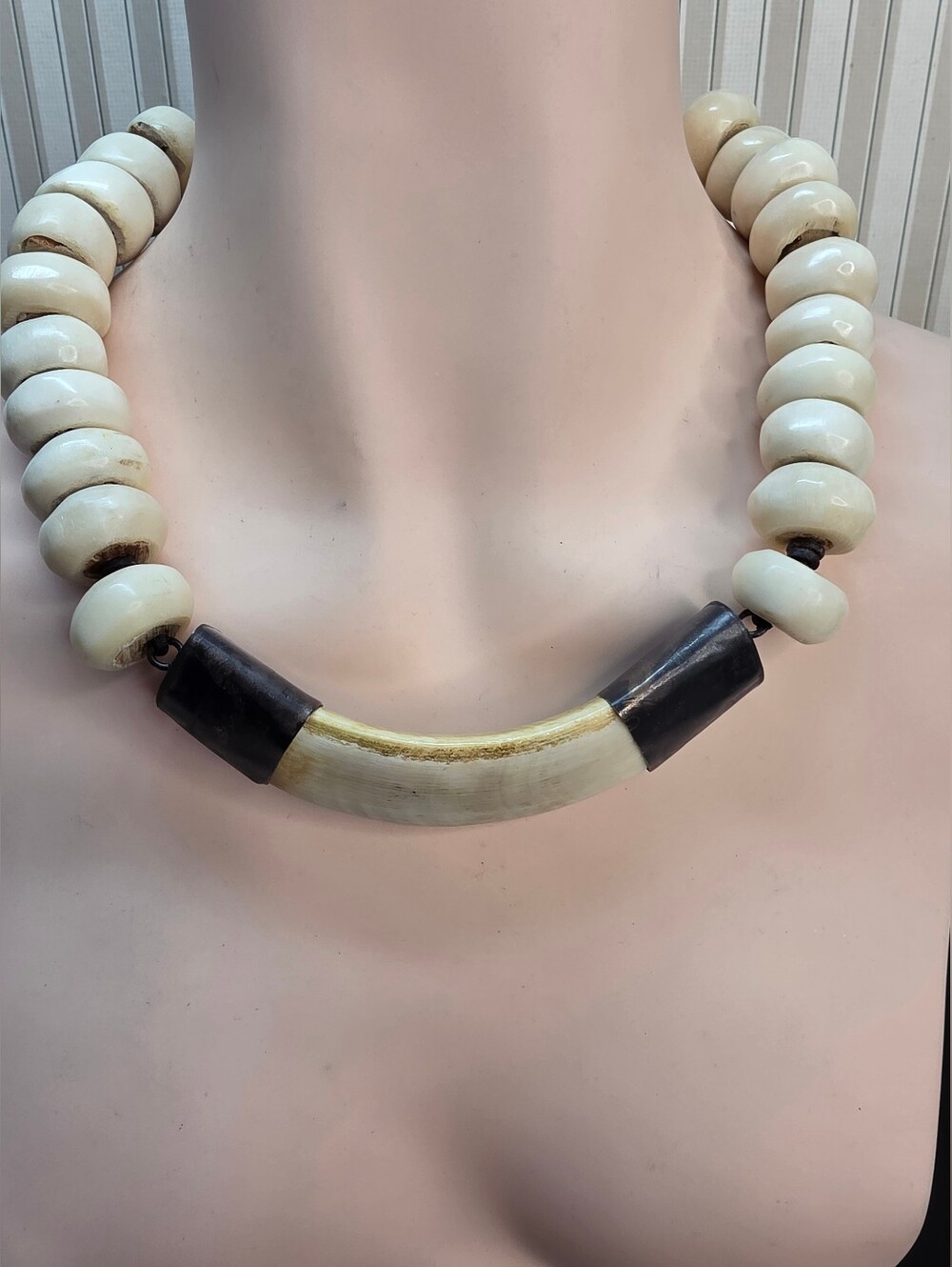 Vintage Tribal Horn & Bone Statement Necklace Artisan Boho